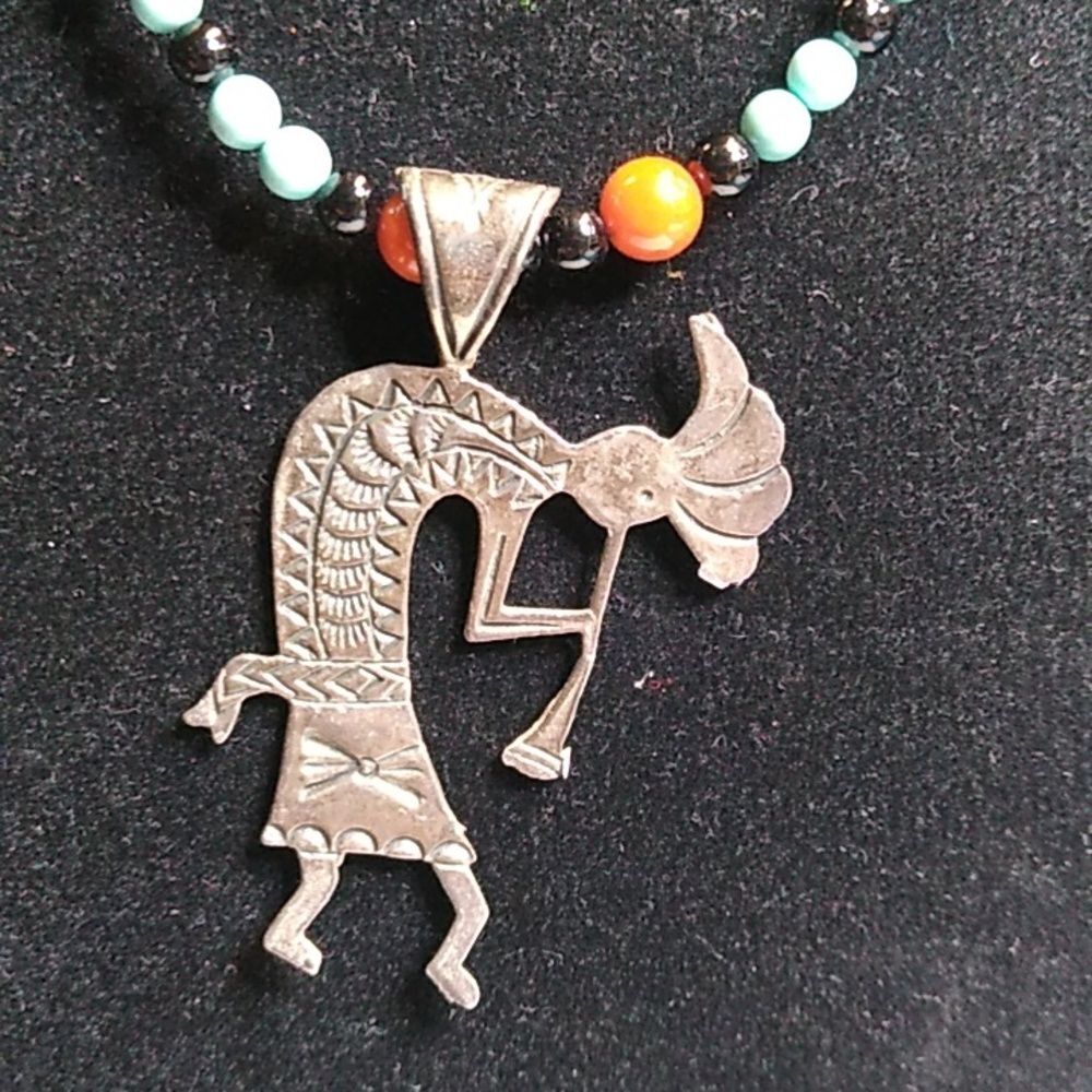 Vintage Kokopelli Southwestern Dancer Sterling AJM 925 Chunky Coral Necklace